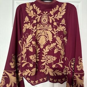 Gimmicks by BKE Maroon and Gold Embroidered Blouse